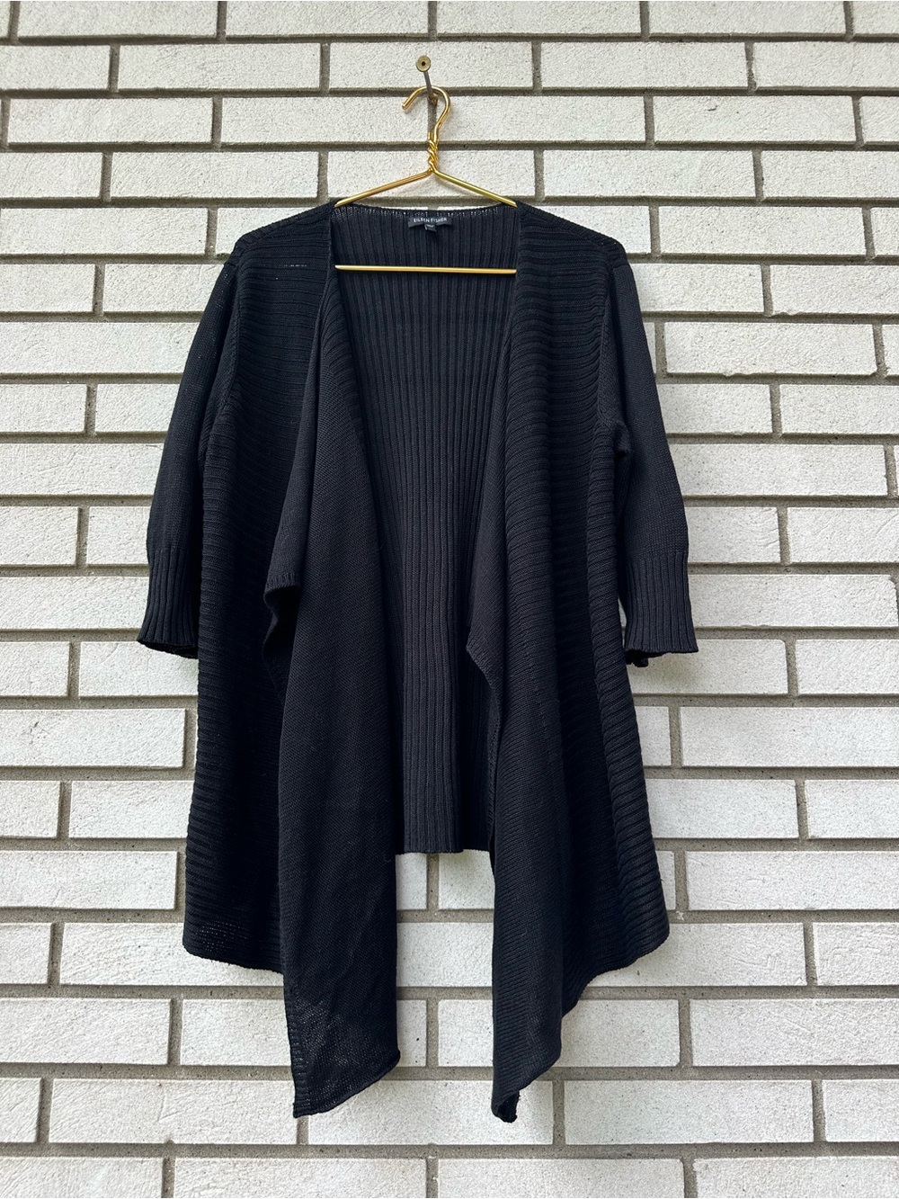 Eileen Fisher XL Black Linen Silk Rib Knit Waterfall Open Front Cardigan Sweater